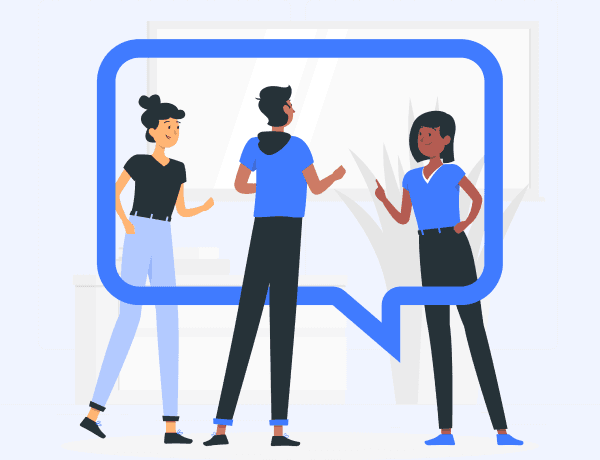 Three people in discussion, representing collaboration